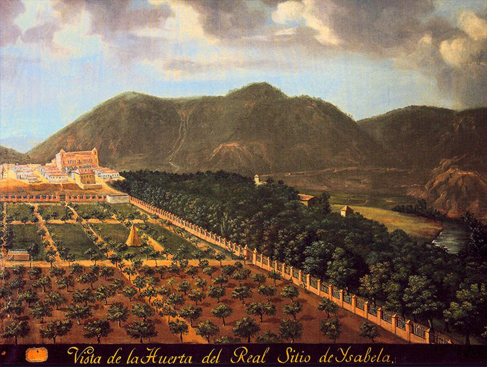 Nueva vista del Real Sitio de La Isabela, creada por Fernando Brambilla, con la Huerta de la Reina María Cristina al frente y los tejados de los edificios del Balneario asomando entre los olmos negros.