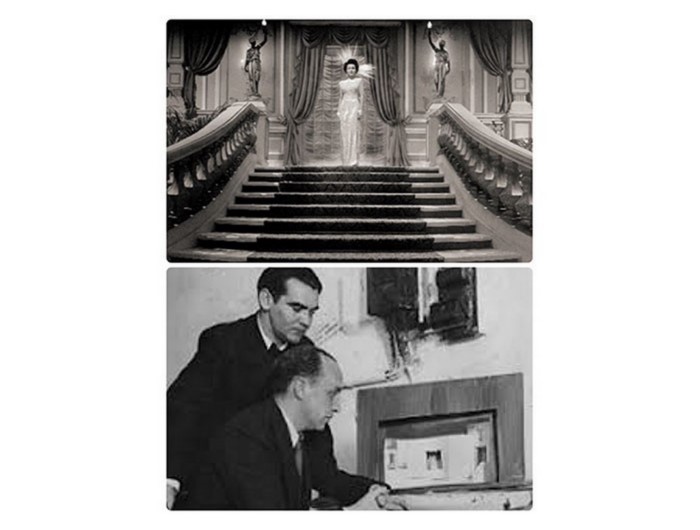 Decorado de Manuel Fontanals (arriba); imagen del escenógrafo trabajando junto a Federico García Lorca (abajo).